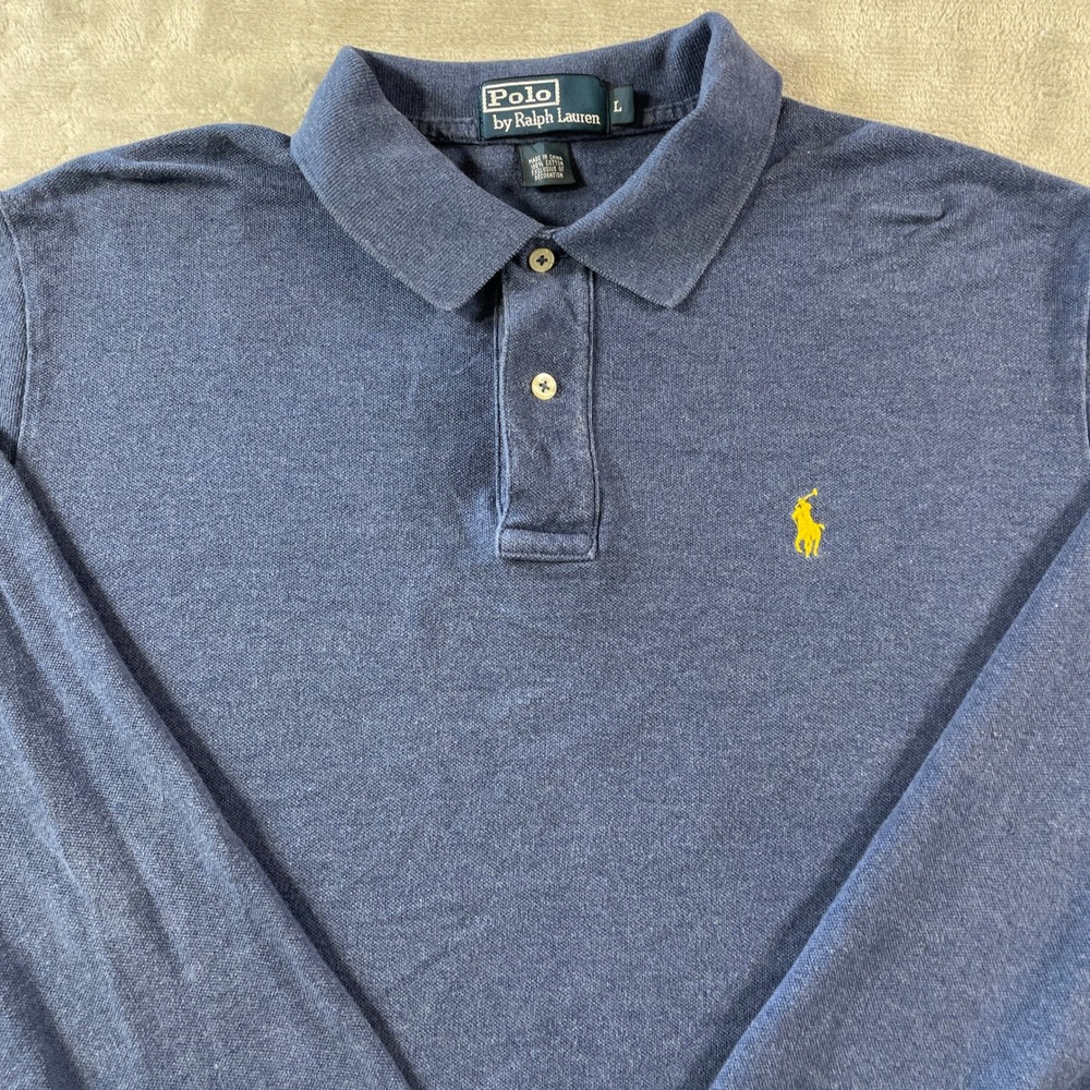 Polo Ralph Lauren  Pique Shirt Mens Large Blue Long Sleeve Preppy Casual Office - Picture 3 of 9